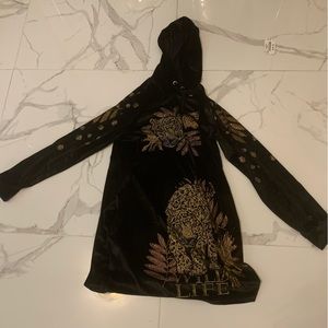 Black hooded velvet with gold cheetah image rhinestones dress